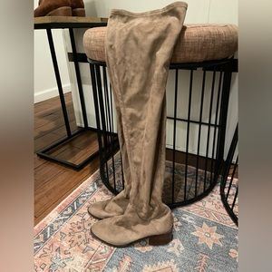 Beige stretch suede thigh high boots